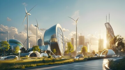 Naklejka premium Futuristic Eco-Friendly Cityscape Powered by Renewable Energy Solutions