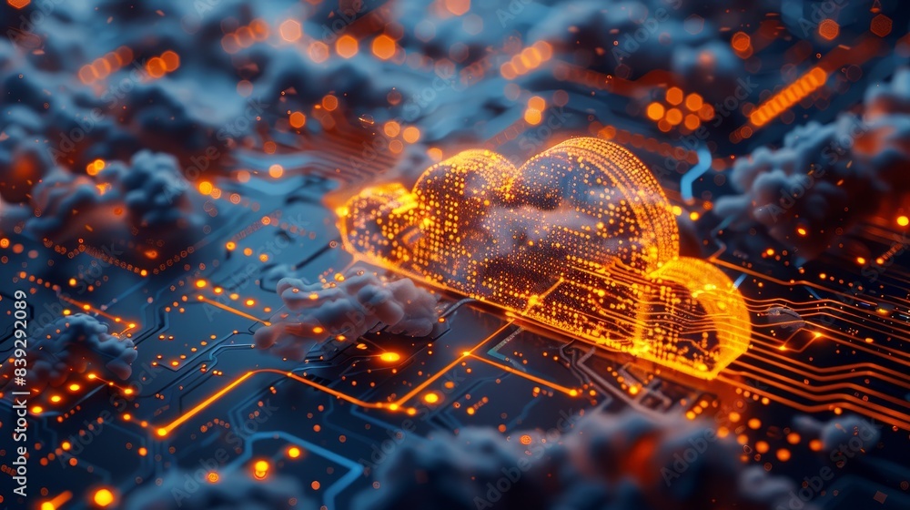 Poster a glowing cloud server on a dark circuit board, creating a futuristic scene
