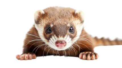 A ferret with brown fur and dark eyes stares directly at the camera
