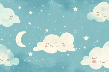 Minimalist design featuring smiling cloud shapes in a light blue sky with a few scattered stars