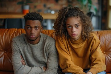 Fototapeta premium Two individuals on sofa with folded arms