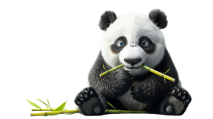 A cute panda cub sits and eats bamboo