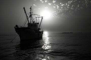 Obraz premium Sunlight breaks through clouds onto boat in water