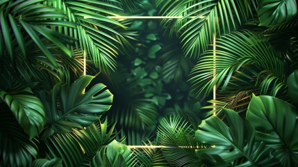 palm leaves in shades of forest green, jade, and lime, framing a glowing diamond