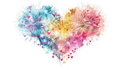 Colorful fireworks creating heart shape with floating hearts