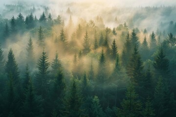 Foggy forest view with trees