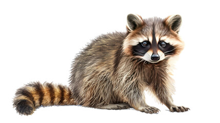 Obraz premium A raccoon with brown fur and a bushy tail sits on a white background