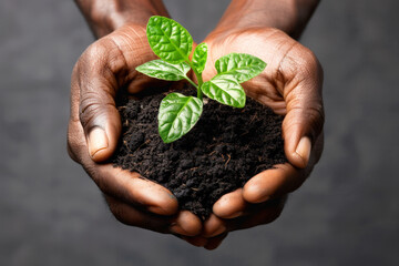 An inspiring image focusing on a pair of black hands nurturing a young green plant in a clump of rich soil