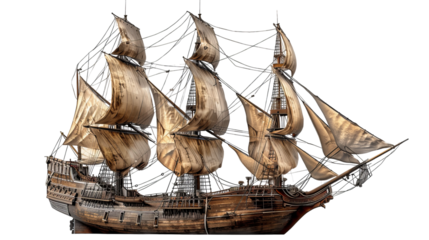 A detailed model of a wooden sailing ship with sails unfurled