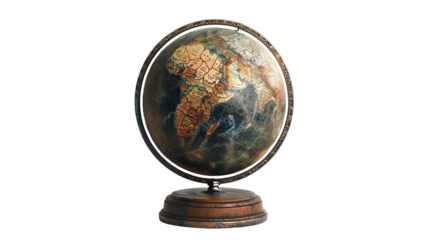 An old, decorative globe with a detailed world map