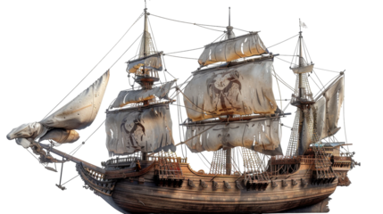 A close-up of a detailed wooden ship model
