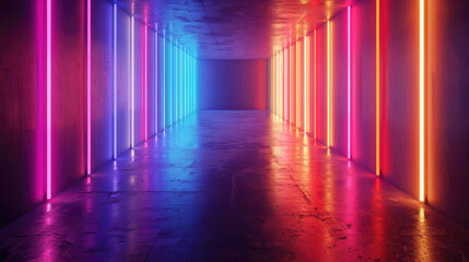 A 3D rendering of a dark hallway with glowing neon lights on the walls. 