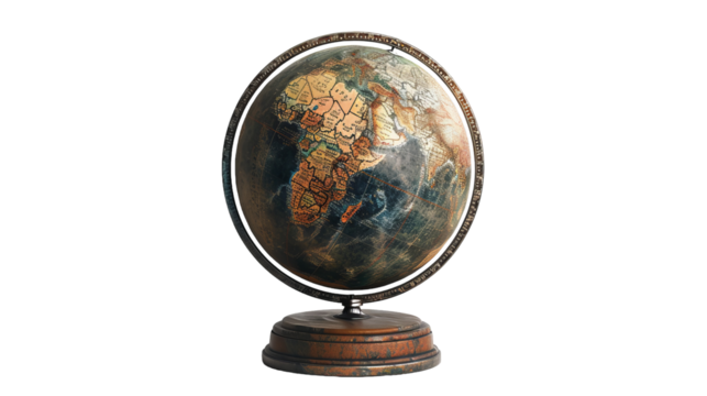 An old, decorative globe with a detailed world map