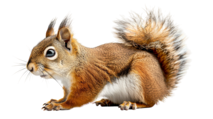 A red squirrel sits on a white background