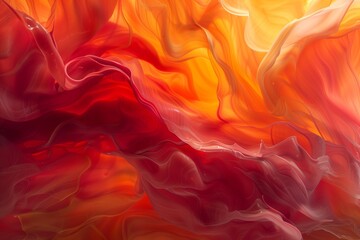 An elegant display of liquid paints in a slow blending flow, featuring rich reds and oranges merging seamlessly. The gentle mixing creates stunning abstract forms and soft gradients.