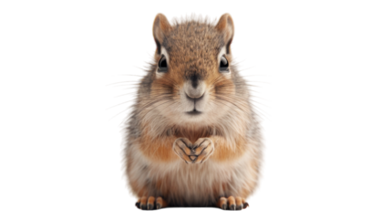 A cute chipmunk poses for the camera, looking directly at the viewer