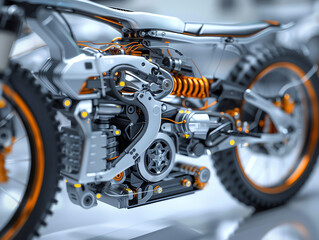 Fototapeta premium Close up of a futuristic motorcycle. The motorcycle is made of metal and has a sleek design. Generative ai.