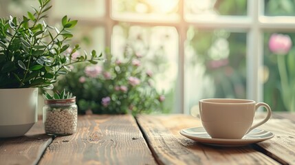 A serene workspace with a simple wooden desk, a cup of tea and gentle bokeh effects, Mindfulness and minimalism