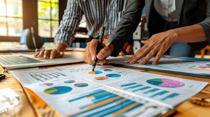 Business professionals analyzing financial data, pointing at detailed graphs and charts on laptops and documents