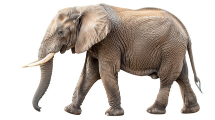 Fototapeta premium An adult African elephant walks across a white background