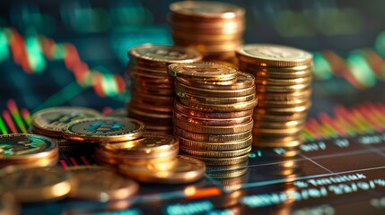stacks of coins paired with a stock market graph and an upward arrow