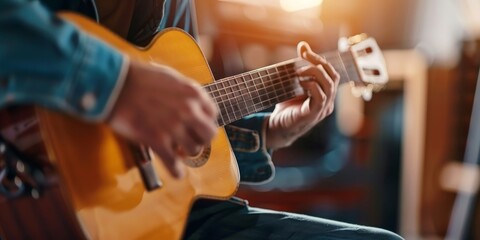 Obraz premium Close-up of a person playing guitar