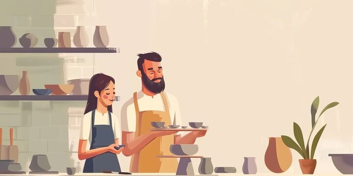 Couple making pottery together in studio