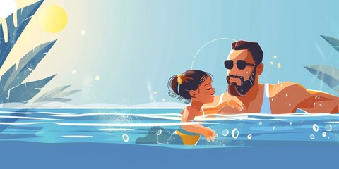 Father and daughter are swimming in the pool on a hot summer day
