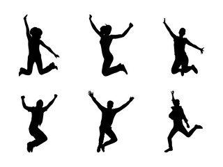 Set of Person Jumping Silhouette in various poses isolated on white background