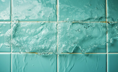 Splashing Water on Turquoise Tile Background - Bathroom Hygiene Concept, Design for Print, Poster, Advertisement