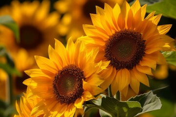 Obraz premium Picturesque Summer sunflower field closeup. Blossom culture. Generate Ai