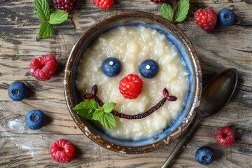 Funny bowl with rice porridge with a smiling face made of berries on a wooden table. Food for kids idea, top view.