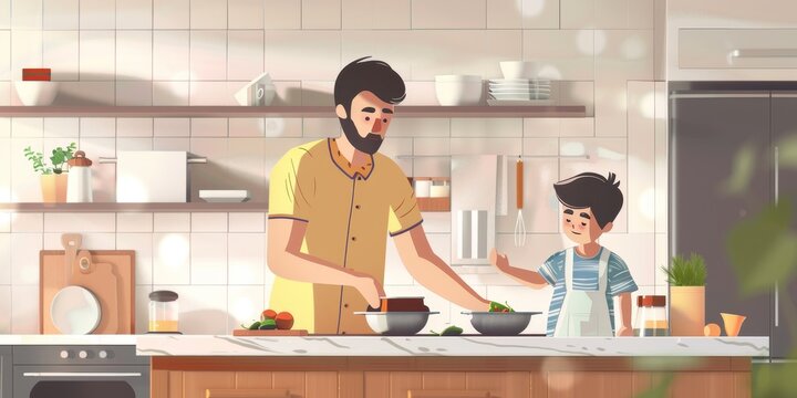 Father and son cooking together in the kitchen.