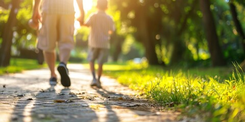 Obraz premium Father and son running in the park on a sunny day