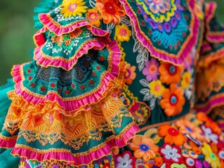 Cultural Richness and Artistic Expression: Close-Up of Vibrant Day of the Dead Costumes with Intricate Embroidery