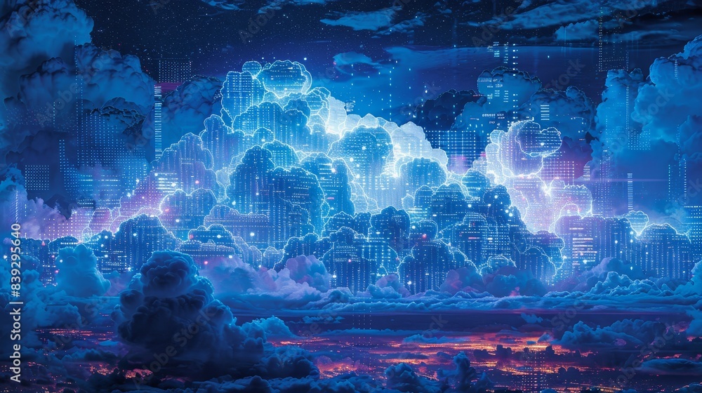 Poster an abstract representation of cloud computing, featuring glowing circuit boards and servers