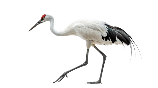 A white-naped crane walks across a white background