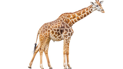 Naklejka premium A giraffe stands on a white background