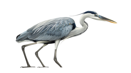 A grey heron standing on a white background