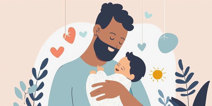Happy father's day. Bearded man holding a baby in his arms. Vector illustration in cartoon style.