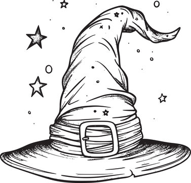 recommend clip art: Witch hat. Halloween vector wizard icon. Witch cap. Black line magic sketch illustration. Haloween cartoon. Magician logo isolated. Scary helloween hand drawn costume element. Witchcraft drawing art
