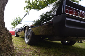 A luxury car in retro style is waiting for its owner on the grass in front of the house.