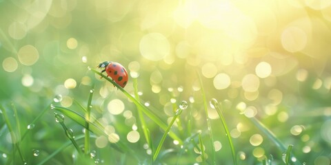 Red ladybug on green grass in morning dew.