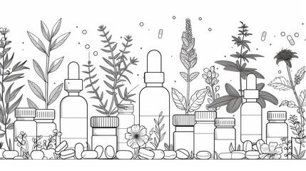 Elegant botanical illustration of medicinal bottles surrounded by various herbs and plants in a monochrome style