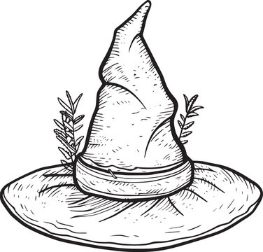 recommend clip art: Witch hat. Halloween vector wizard icon. Witch cap. Black line magic sketch illustration. Haloween cartoon. Magician logo isolated. Scary helloween hand drawn costume element. Witchcraft drawing art