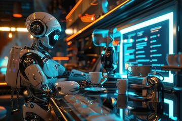 Fototapeta premium Futuristic AI Robot Serving Coffee in High-Tech Cafe with Holographic Menus and Neon Lights