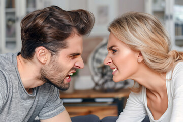 Naklejka premium A young adult couple in a heated argument, reflecting relationship issues and anger