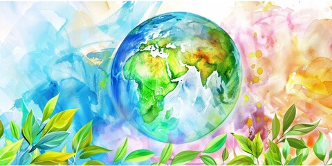 The image shows watercolor drawing of Earth with green leaves.