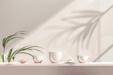 Serene Elegance - Traditional Coffee Ceremony with Porcelain Cups on Minimalist Background