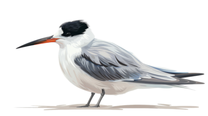 A white-fronted tern with black cap and red beak standing on the sand